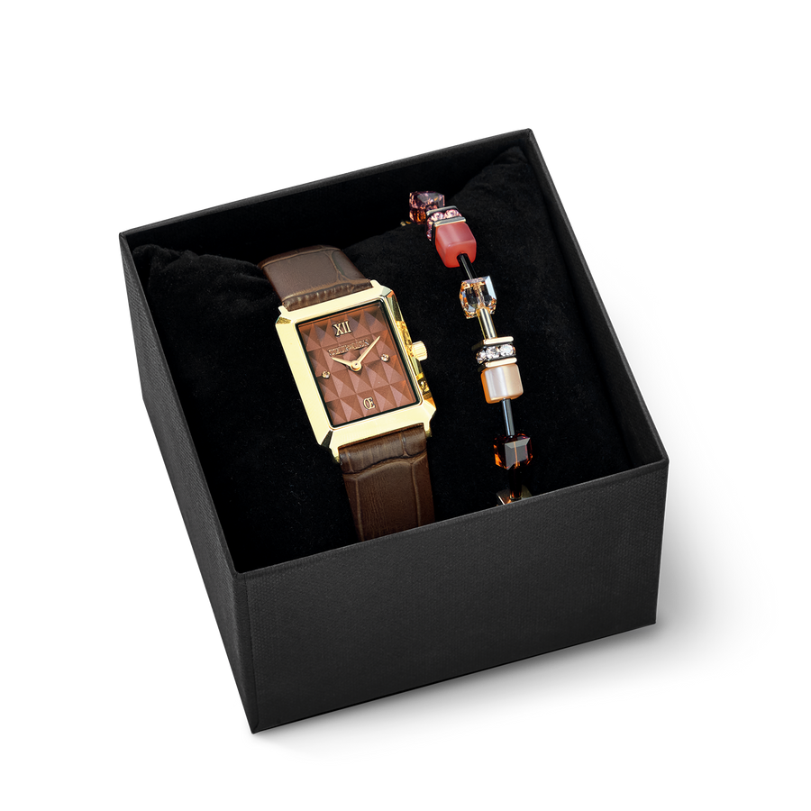Geschenkset Uhr Iconic Spikes Mocha Mousse Gold & GeoCUBE Iconic Armband Earth Mirage