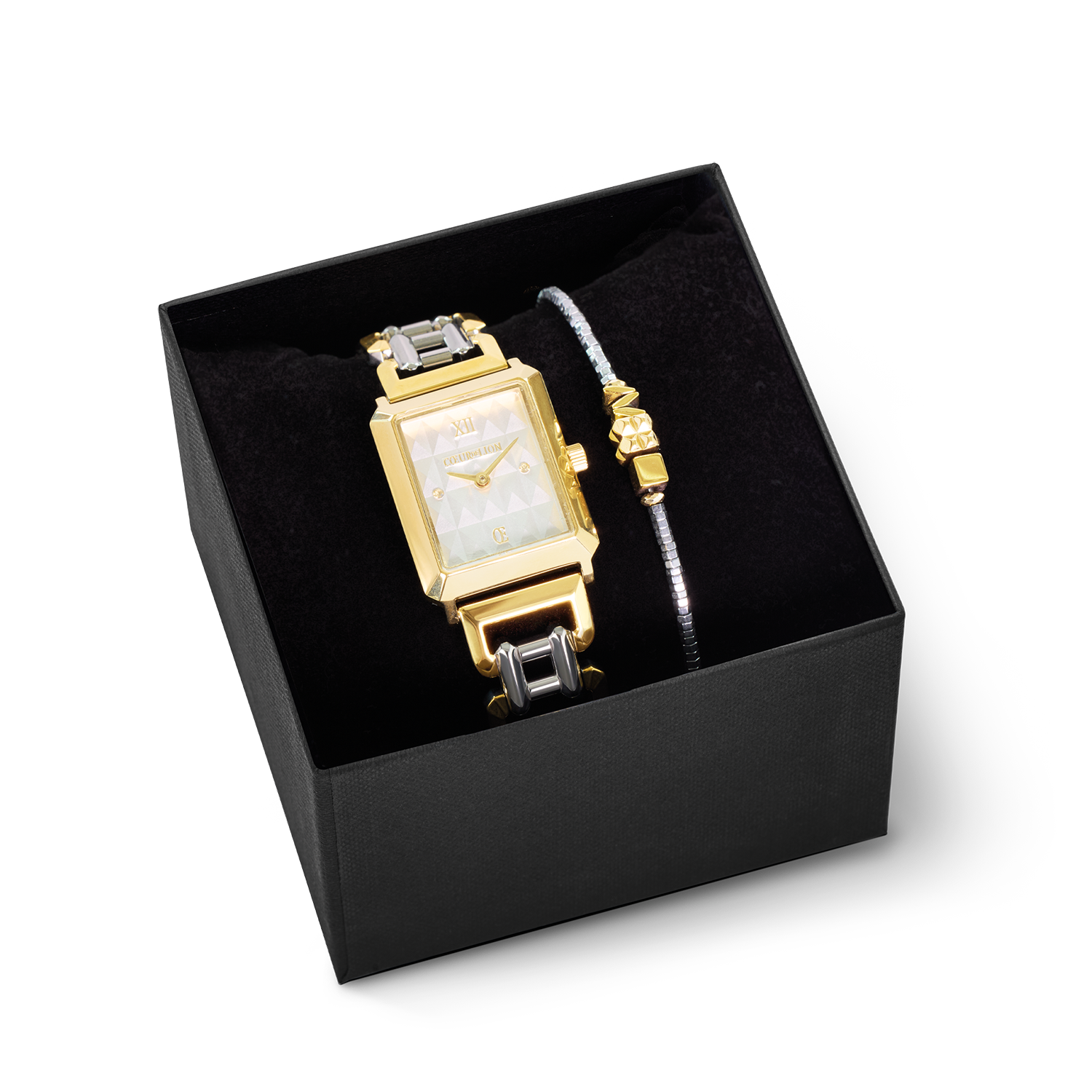 Geschenkset Uhr Iconic Spikes Silber Statement Bicolor & Cube Trio Armband Gold-Silber