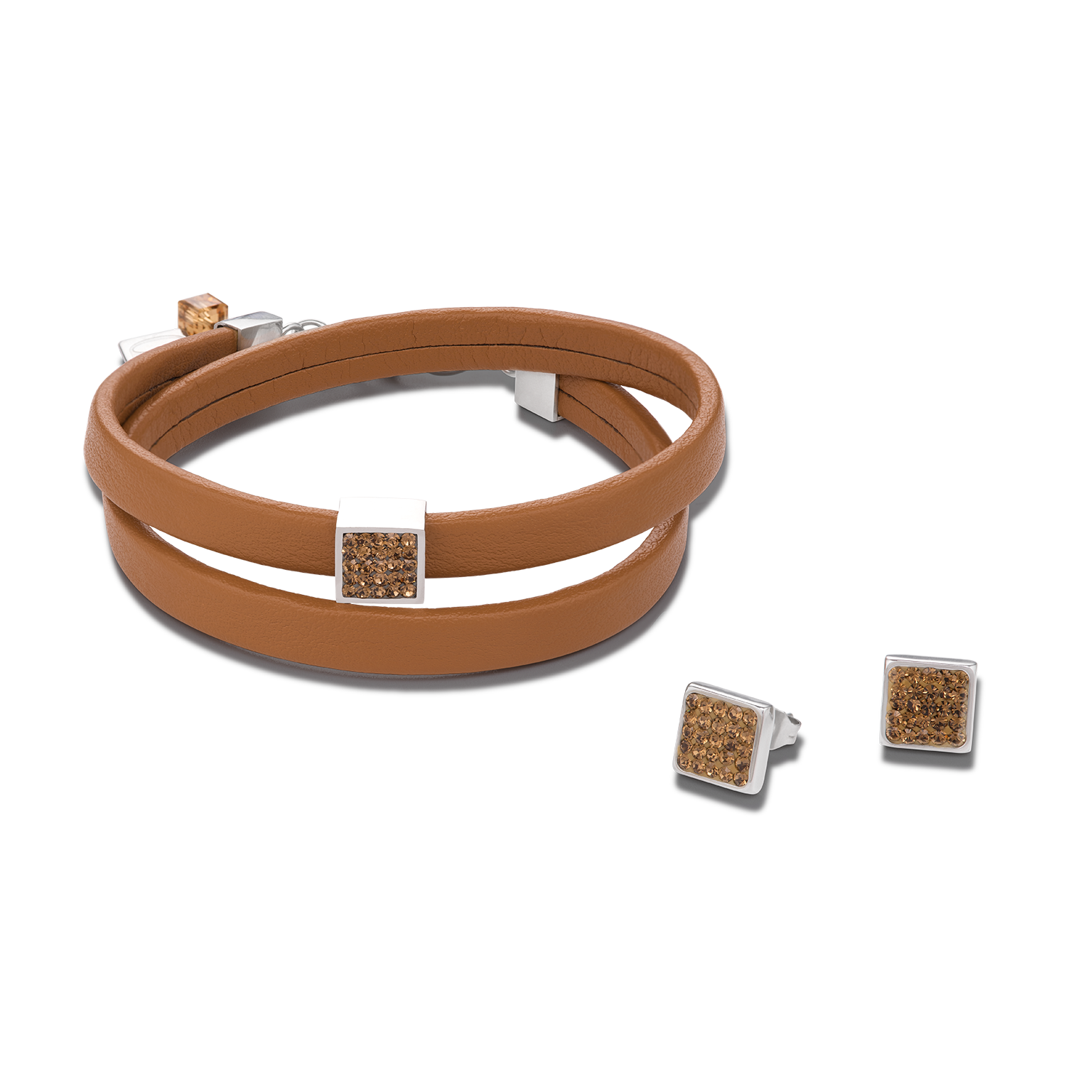 Armband Leder & Kristalle Pavé hellbraun