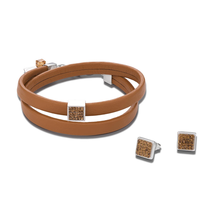 Armband Leder & Kristalle Pavé hellbraun