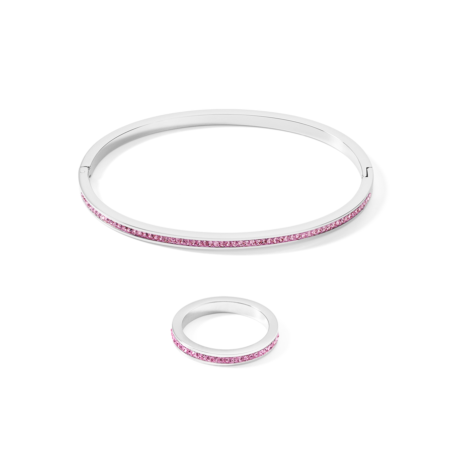 Armreif Edelstahl silber & Kristalle Pavé rosa Größe 17 cm