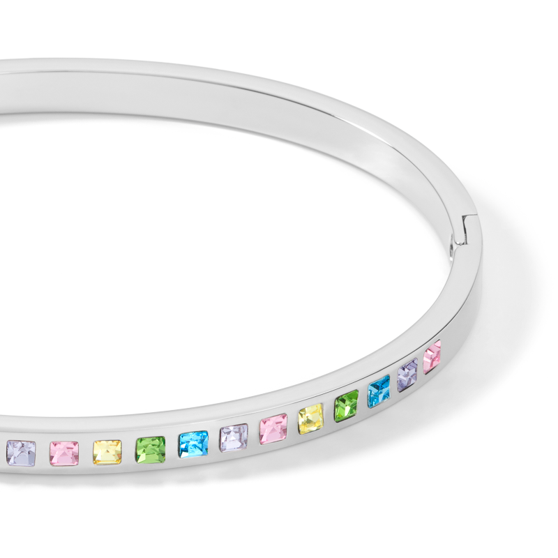Armreif Edelstahl silber & square Kristalle Pavé multicolor pastell Größe 17 cm