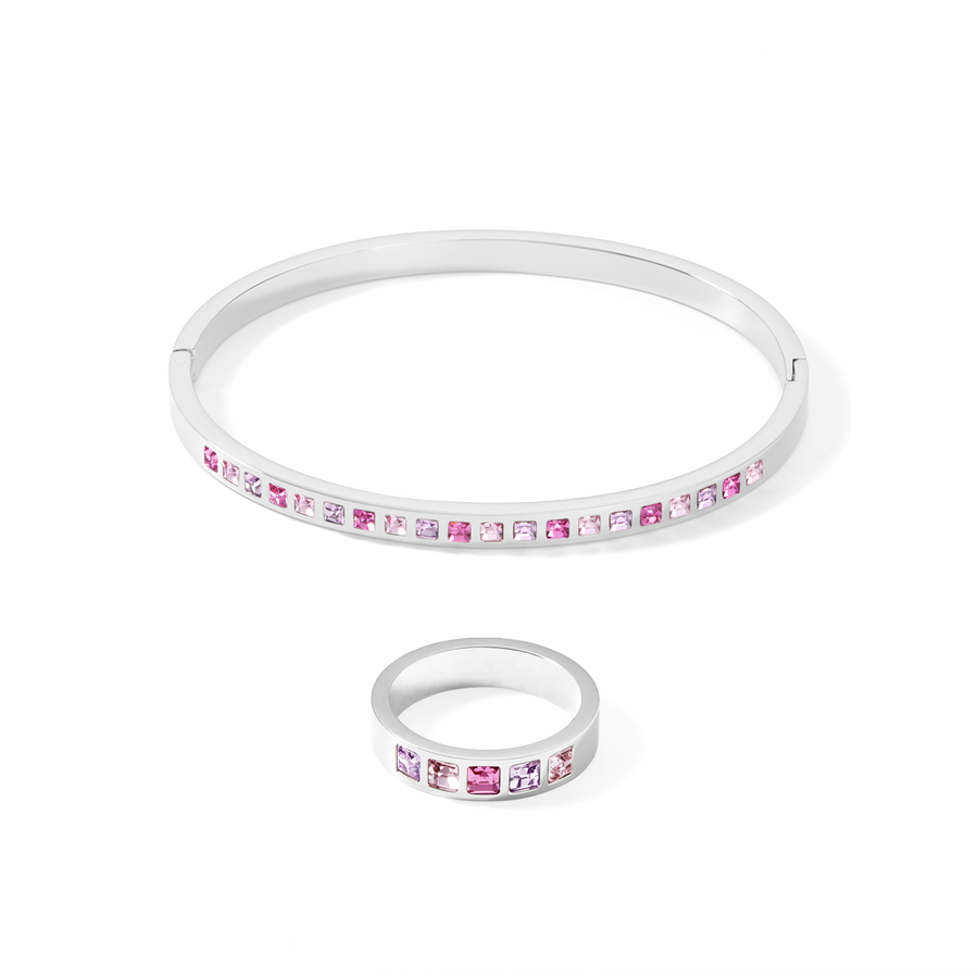 Armreif Edelstahl silber & square Kristalle Pavé multi-rosa Größe 17 cm