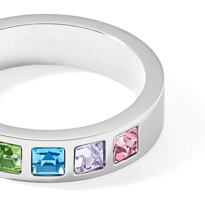 Ring Edelstahl silber & square Kristalle Pavé multicolor pastell