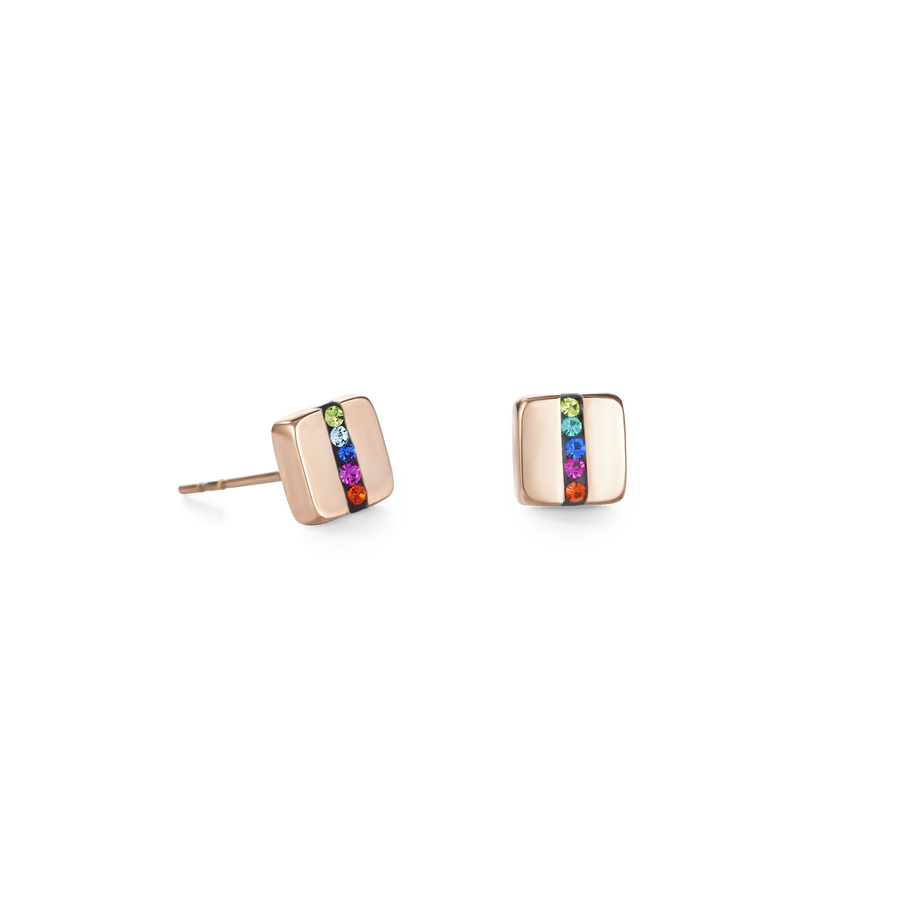 Ohrringe Edelstahl Quadrat roségold & Kristall Pavé Streifen multicolor