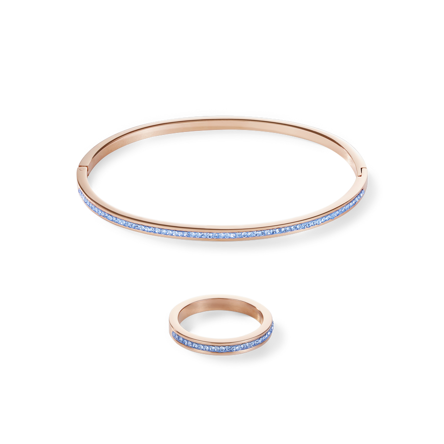 Armreif schmal Edelstahl rosegold & Kristalle Pavé hellblau Größe 17 cm