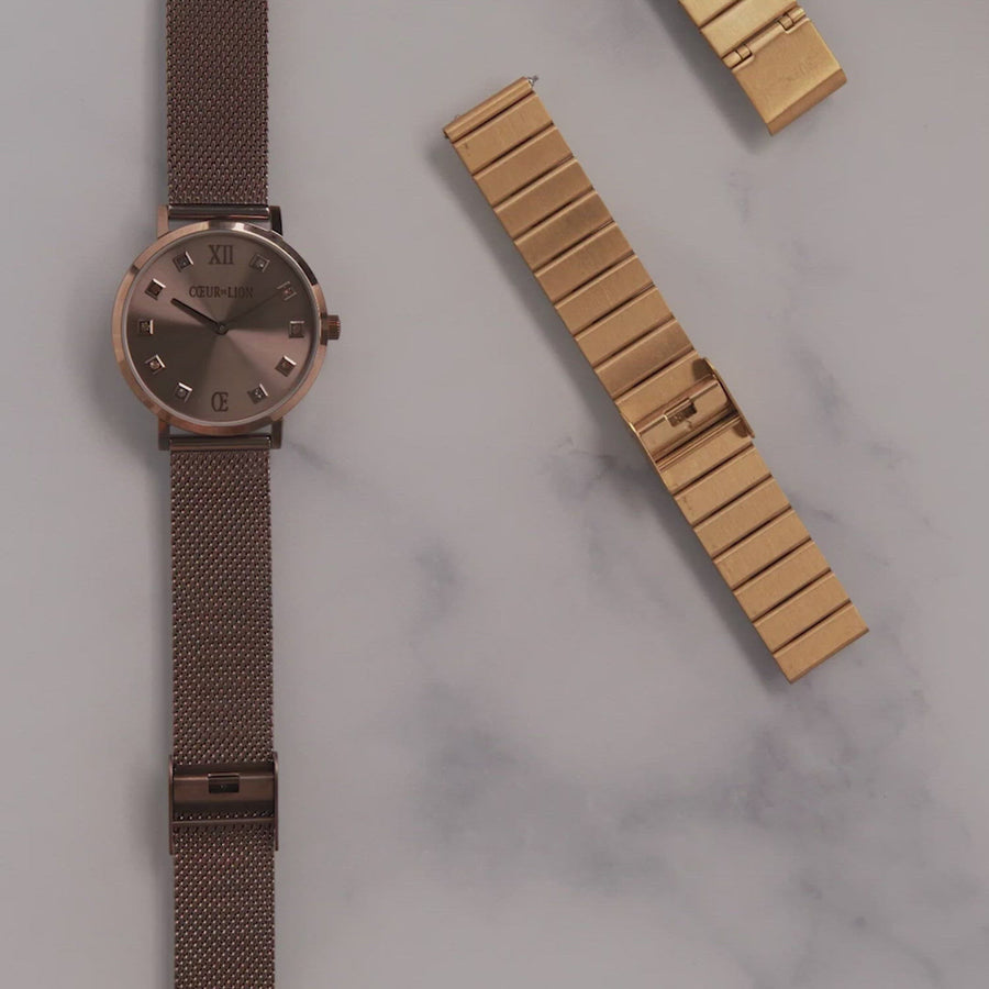 Uhr Iconic Square Mocca Sunray Milanaise Edelstahl Rosegold