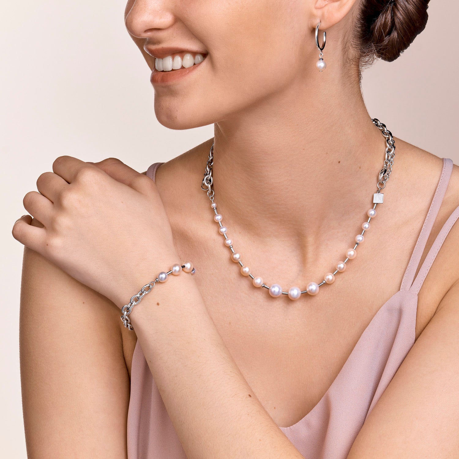 Armband Süßwasserperlen & chunky chain 4-in-1 weiß-silber