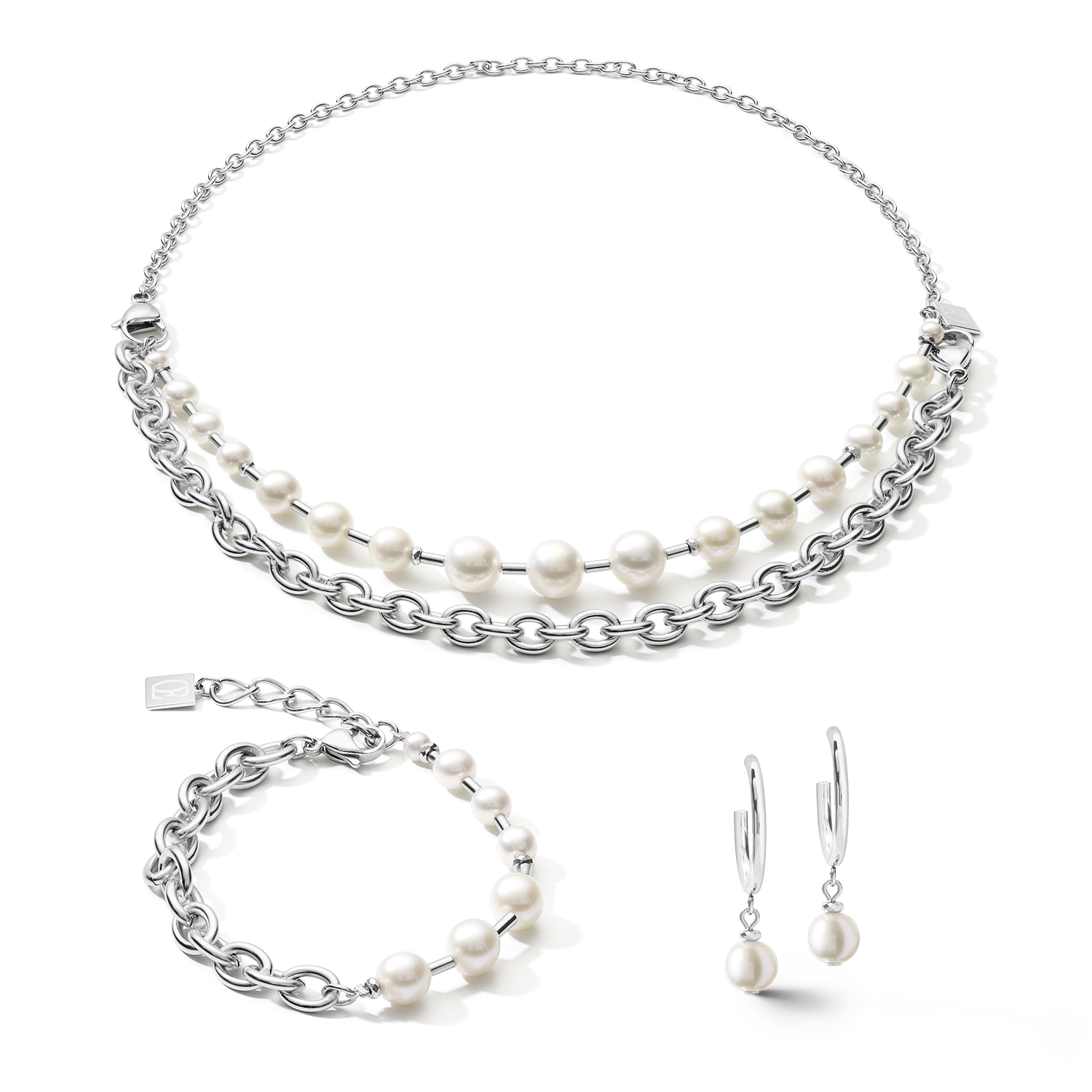 Halskette Süßwasserperlen & chunky chain 4-in-1 weiß-silber