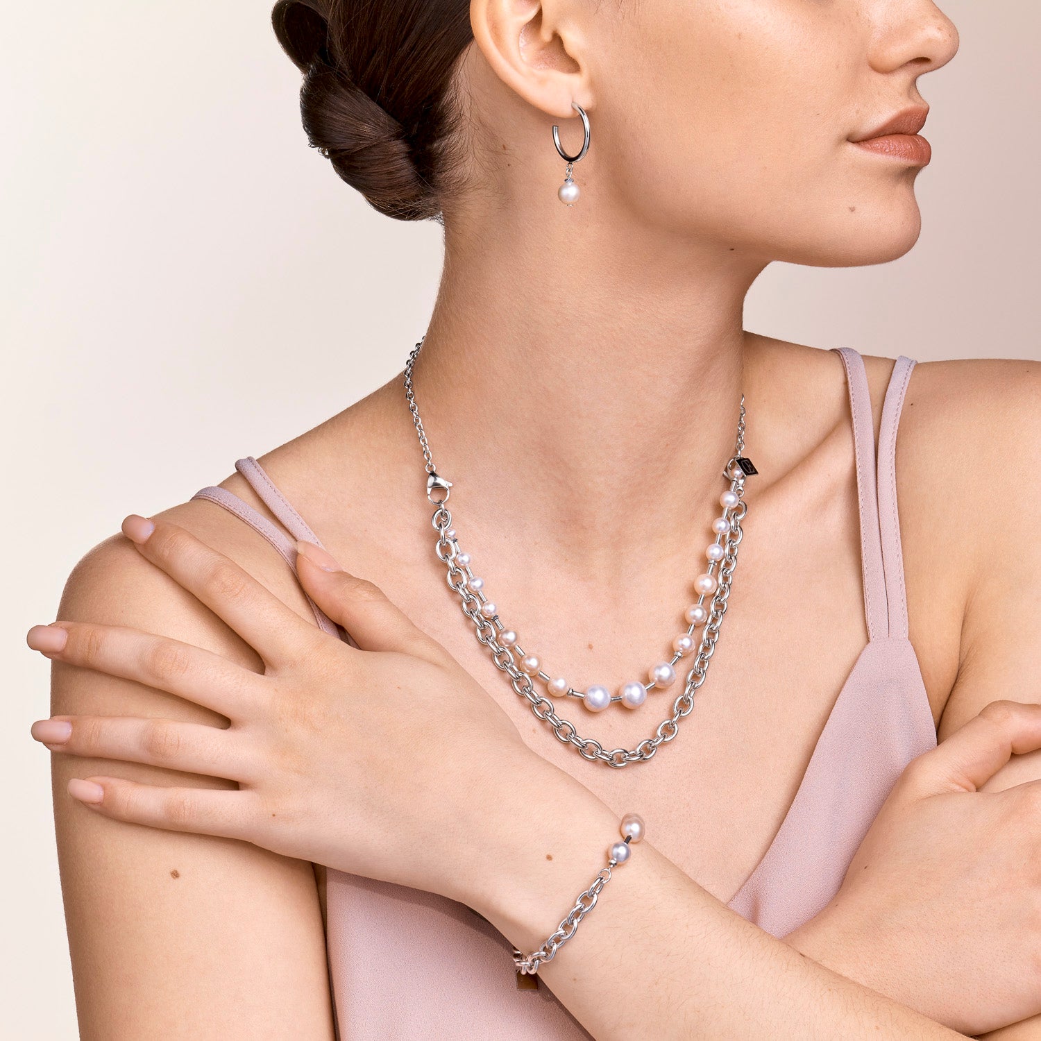 Armband Süßwasserperlen & chunky chain 4-in-1 weiß-silber