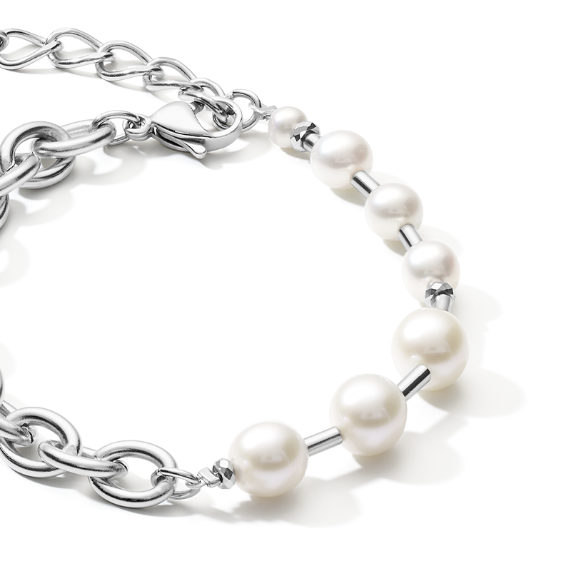 Armband Süßwasserperlen & chunky chain 4-in-1 weiß-silber