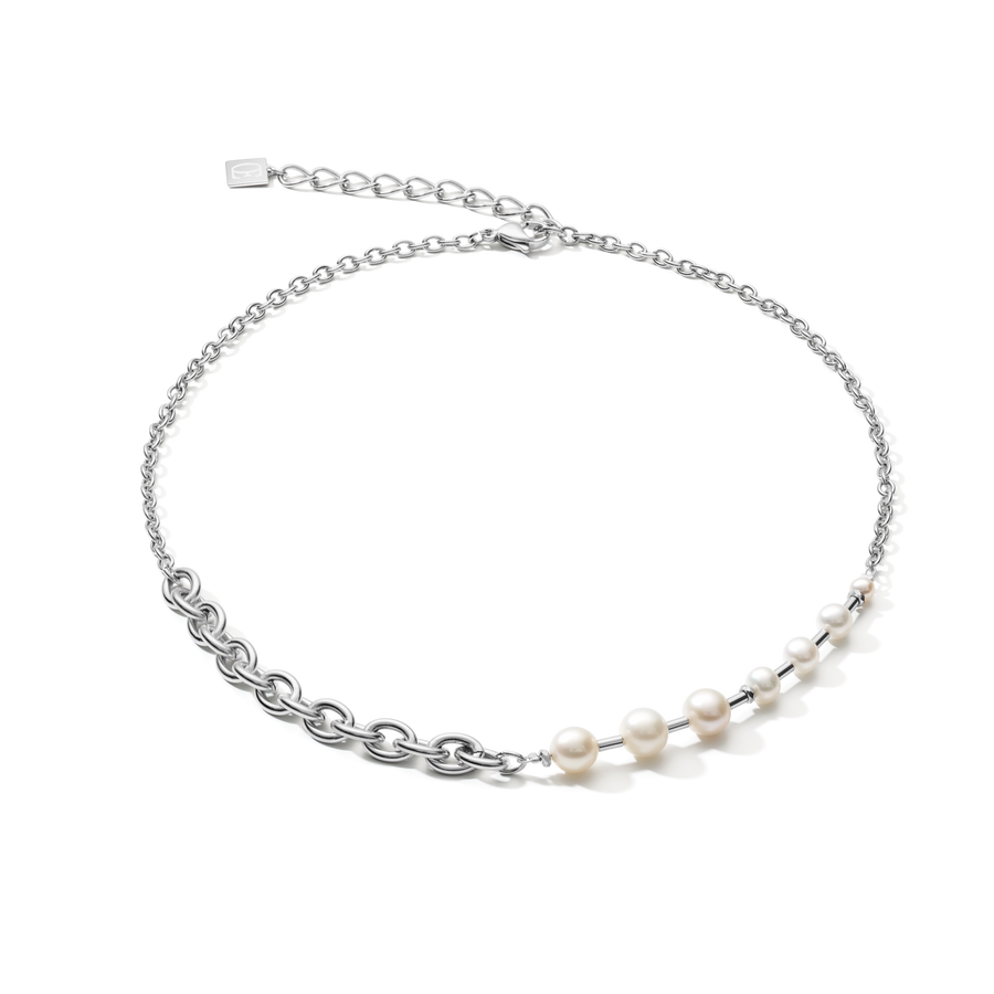 Halskette classic & modern Süßwasserperlen & Edelstahlkette weiß-silber