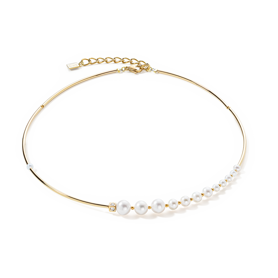 Halskette Asymmetrie Süßwasserperlen & Edelstahl weiß-gold
