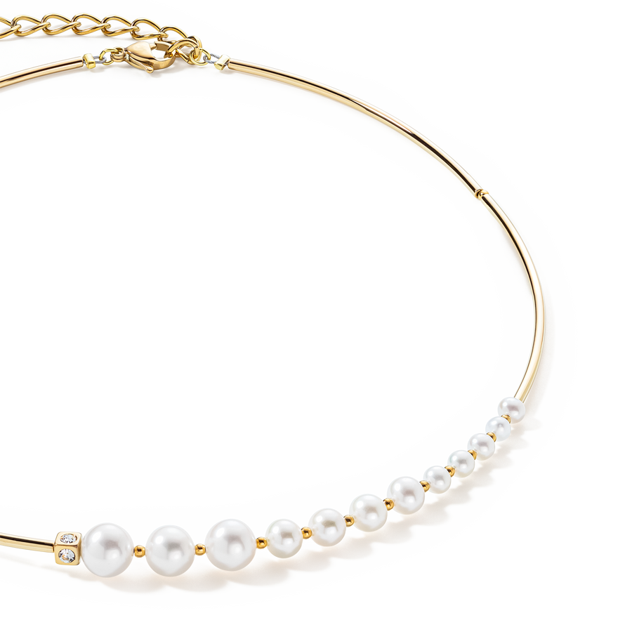 Halskette Asymmetrie Süßwasserperlen & Edelstahl weiß-gold