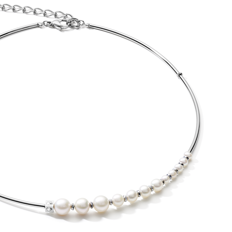 Halskette Asymmetrie Süßwasserperlen & Edelstahl weiß-silber