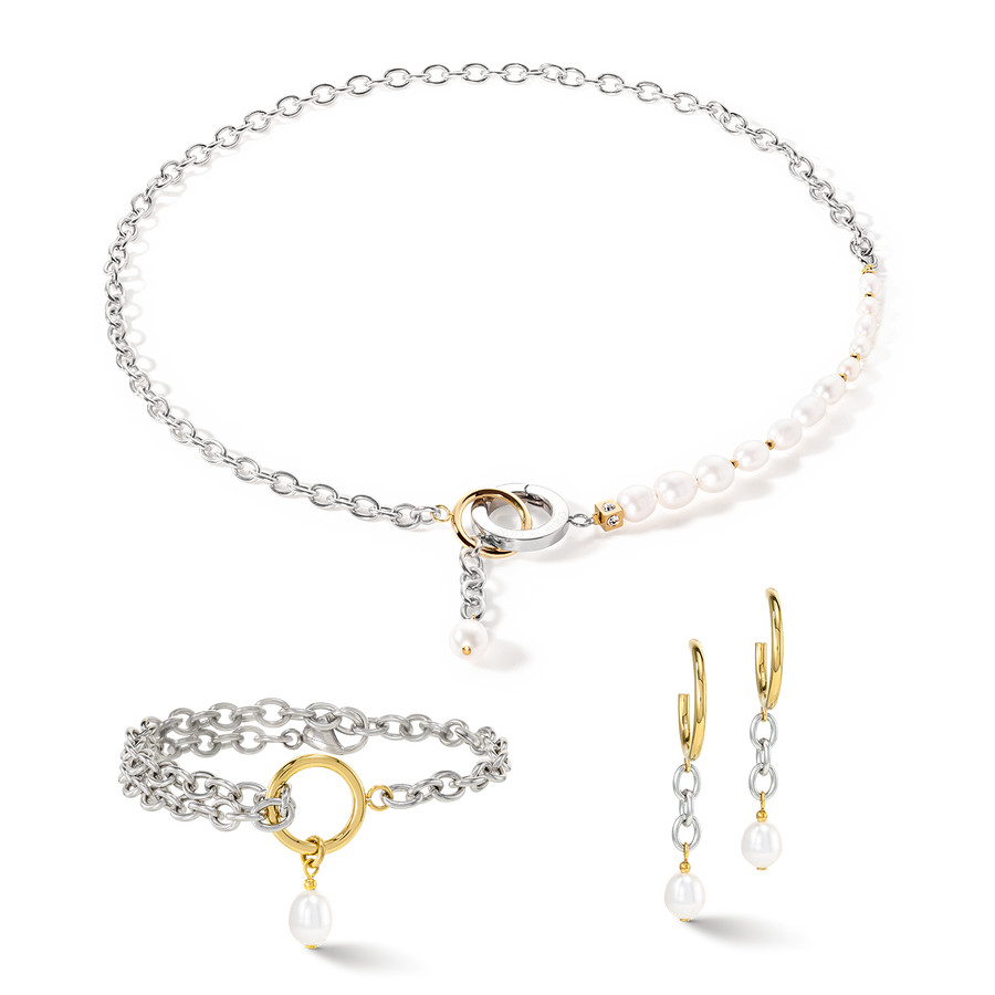 Halskette Y & ovale Süßwasserperlen mit O-Ring bicolor