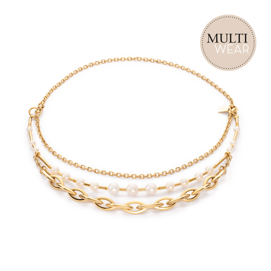 Halskette Süßwasserperlen & Chunky Chain Navette Multiwear weiß-gold