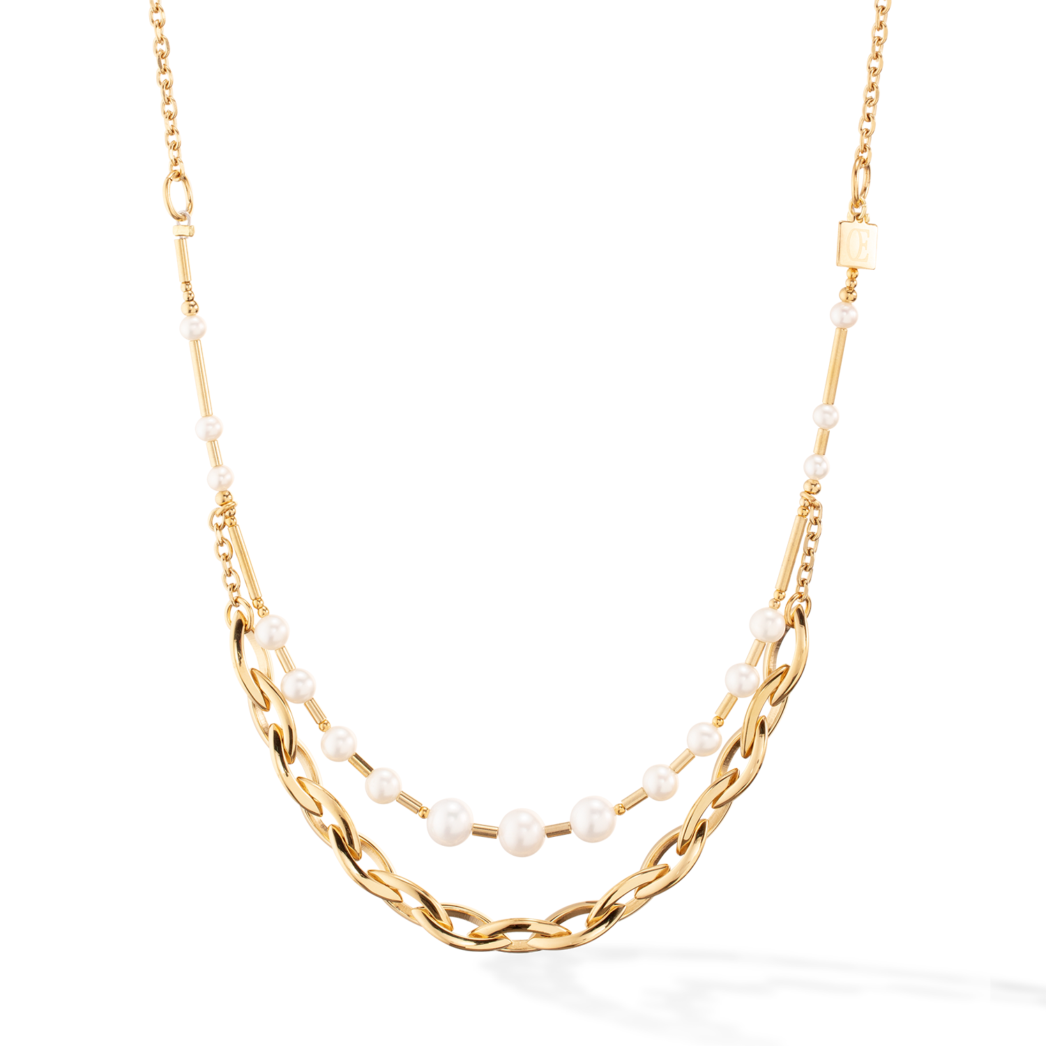 Halskette Süßwasserperlen & Chunky Chain Navette Multiwear weiß-gold