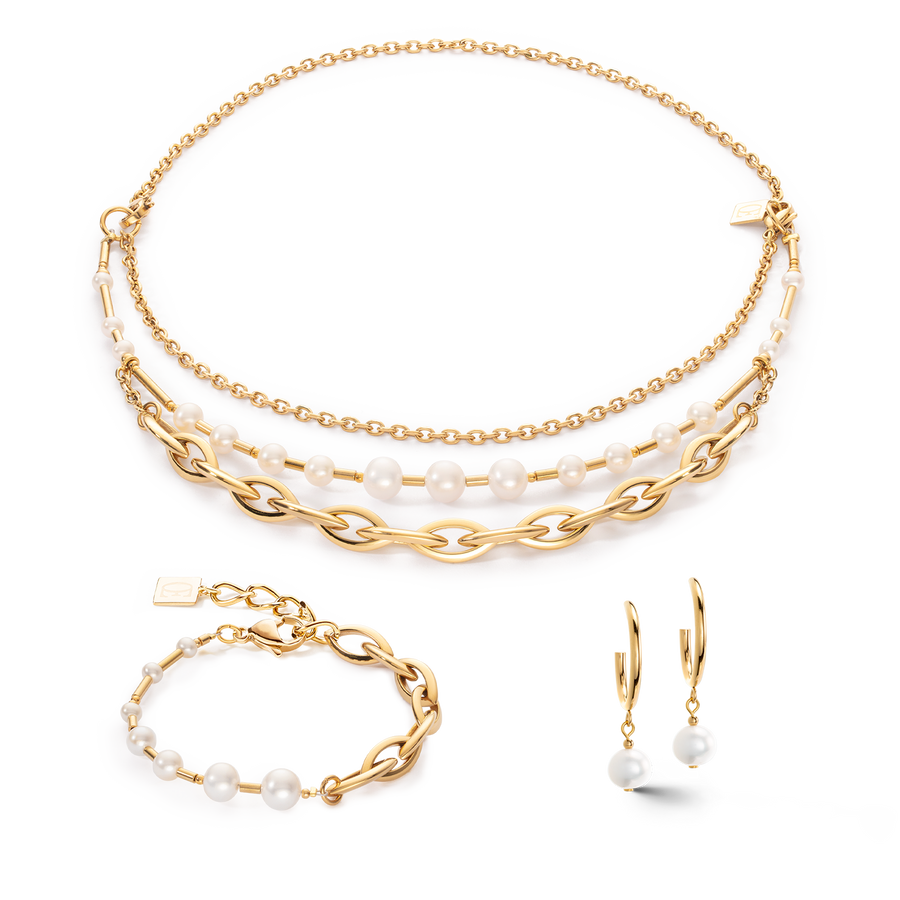 Ohrringe Creole Süßwasserperlen & Chunky ChainNavette Multiwear weiß-gold