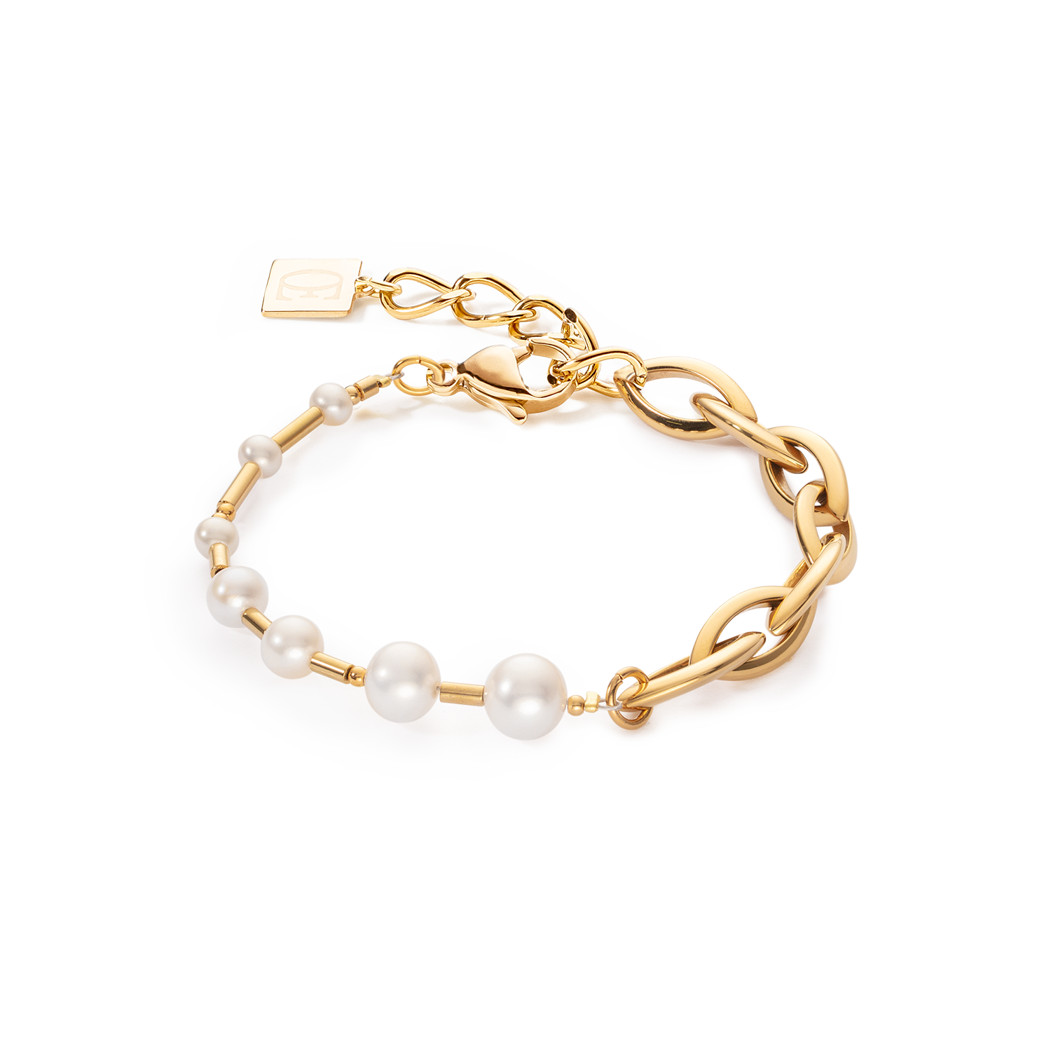 Armband Süßwasserperlen & Chunky Chain Navette Multiwear weiß-gold