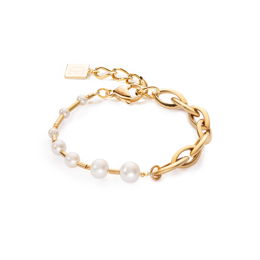 Armband Süßwasserperlen & Chunky Chain Navette Multiwear weiß-gold