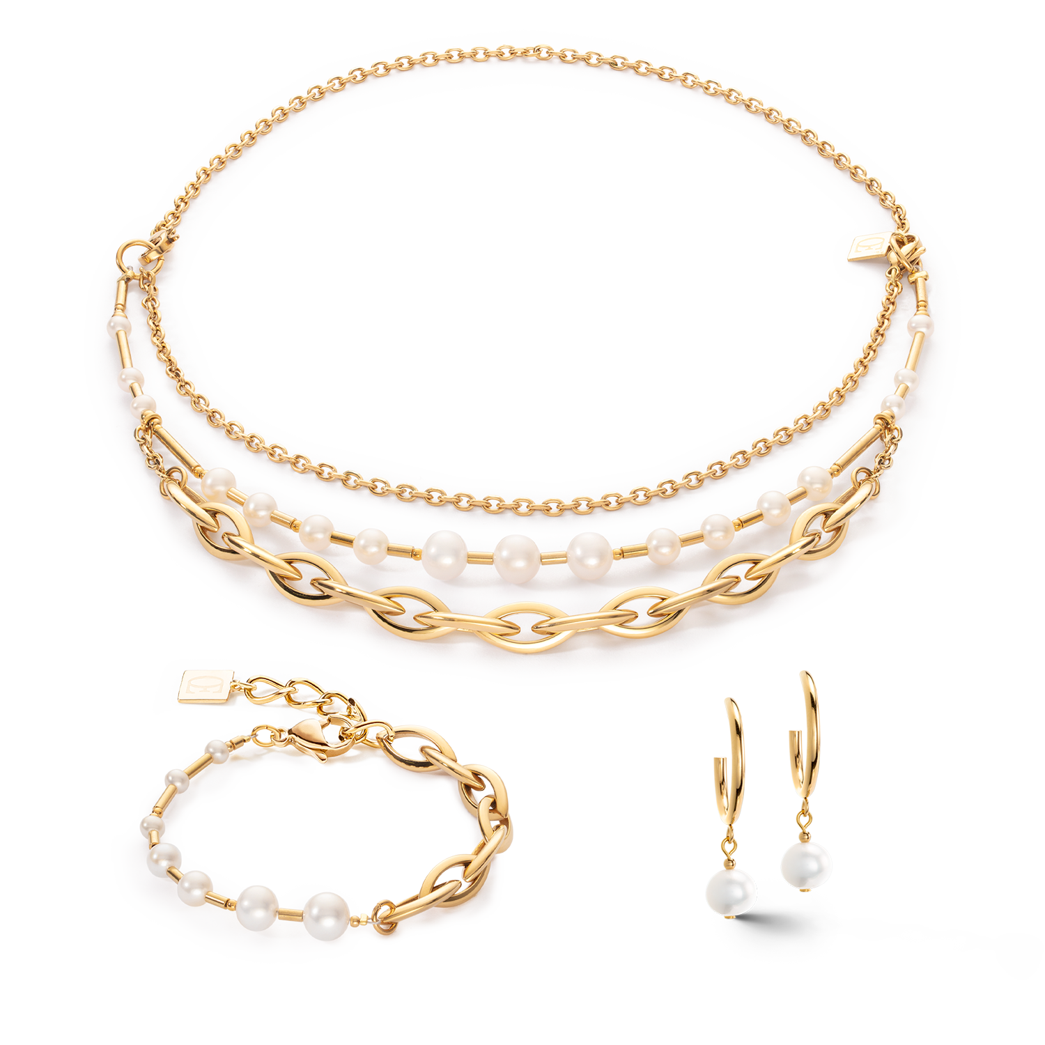 Armband Süßwasserperlen & Chunky Chain Navette Multiwear weiß-gold