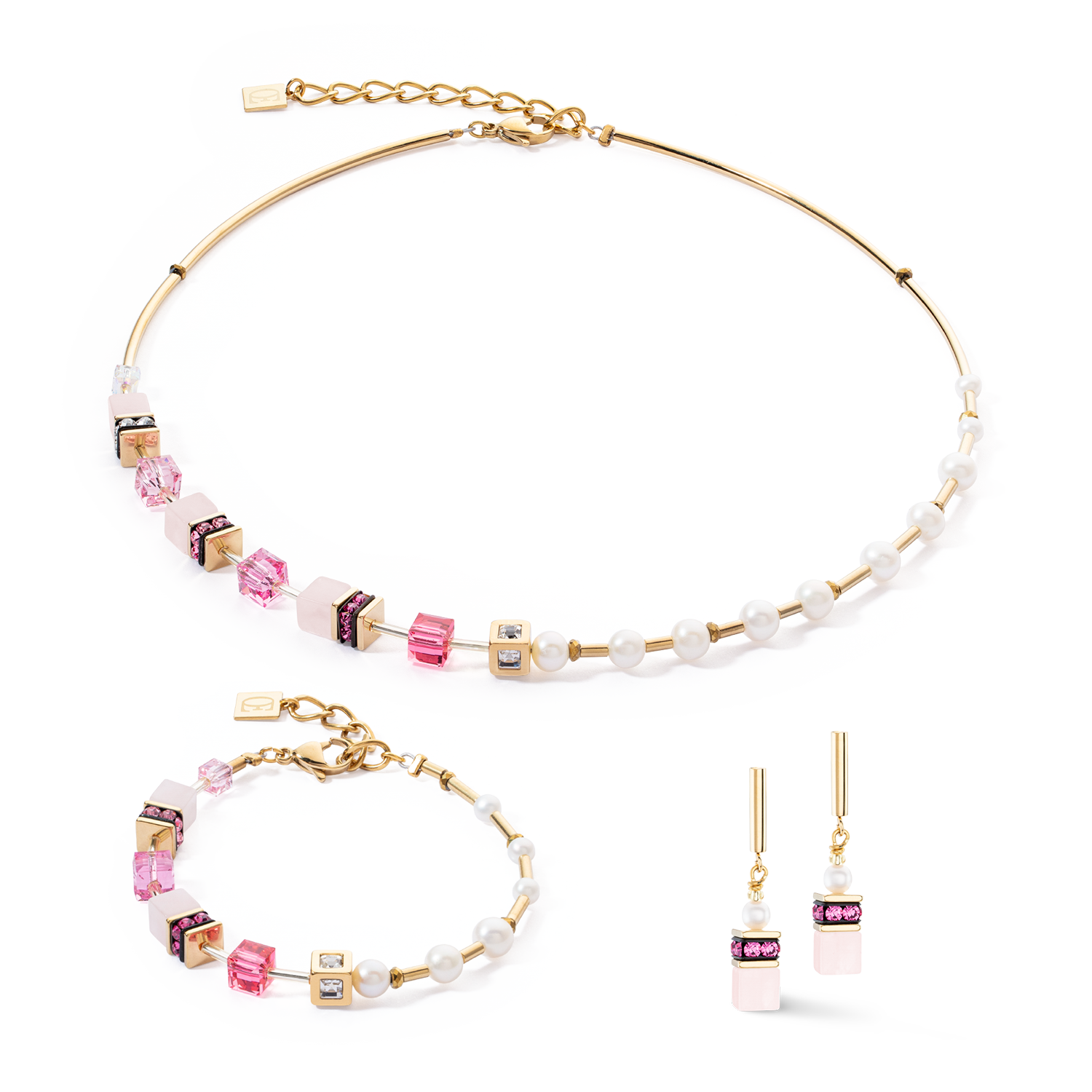 Halskette GeoCUBE® Fusion Precious Pearl Mix Gold-Pink