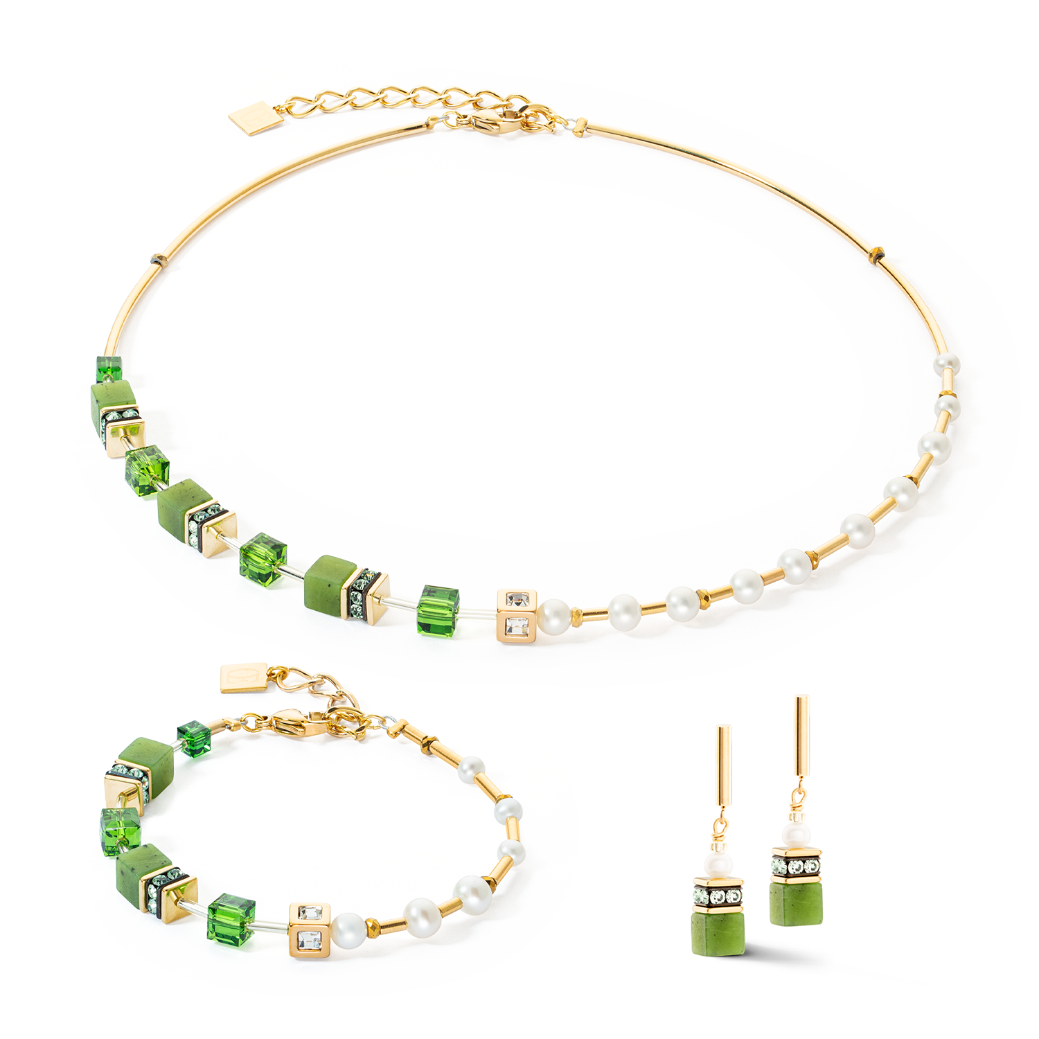 Halskette GeoCUBE® Fusion Precious Pearl Mix gold-grün