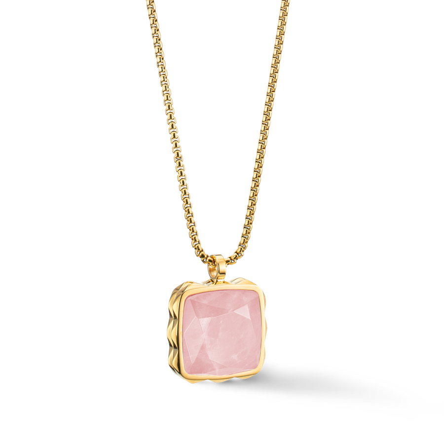 Halskette Amulett Spikes Square Rosenquarz Gold-Rosa