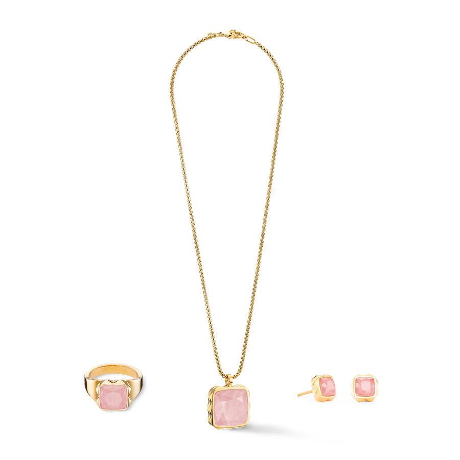 Halskette Amulett Spikes Square Rosenquarz Gold-Rosa