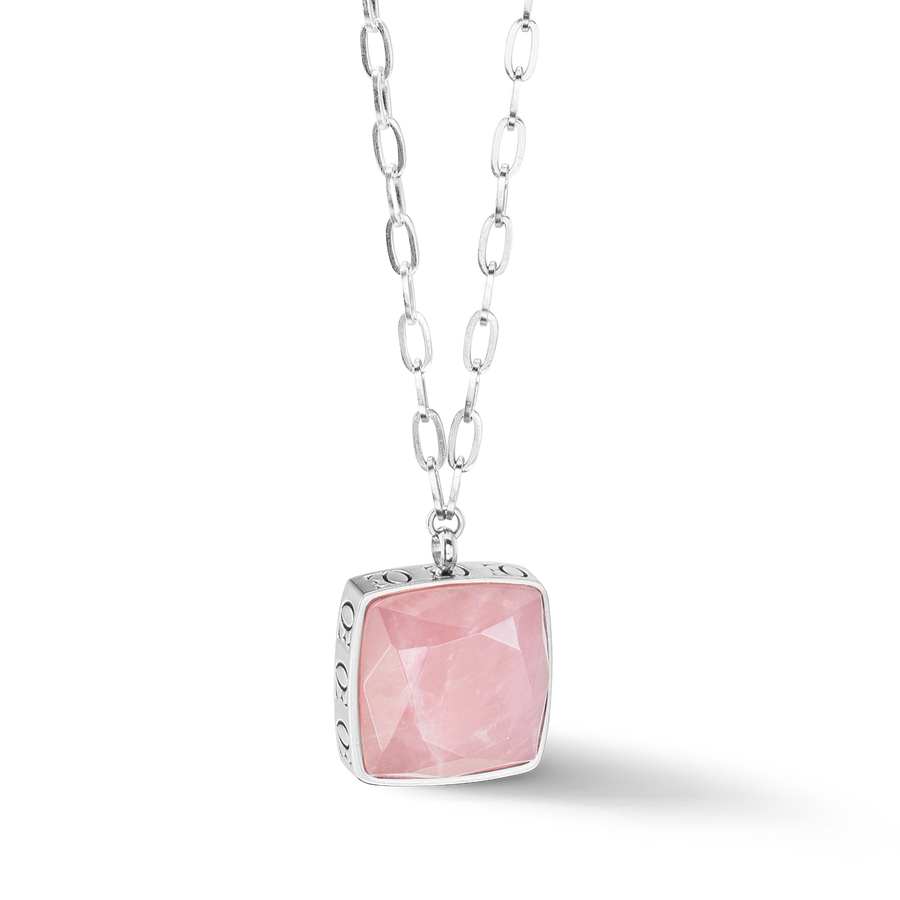 Halskette OE Amulett Square Rosenquarz Silber-Rosa