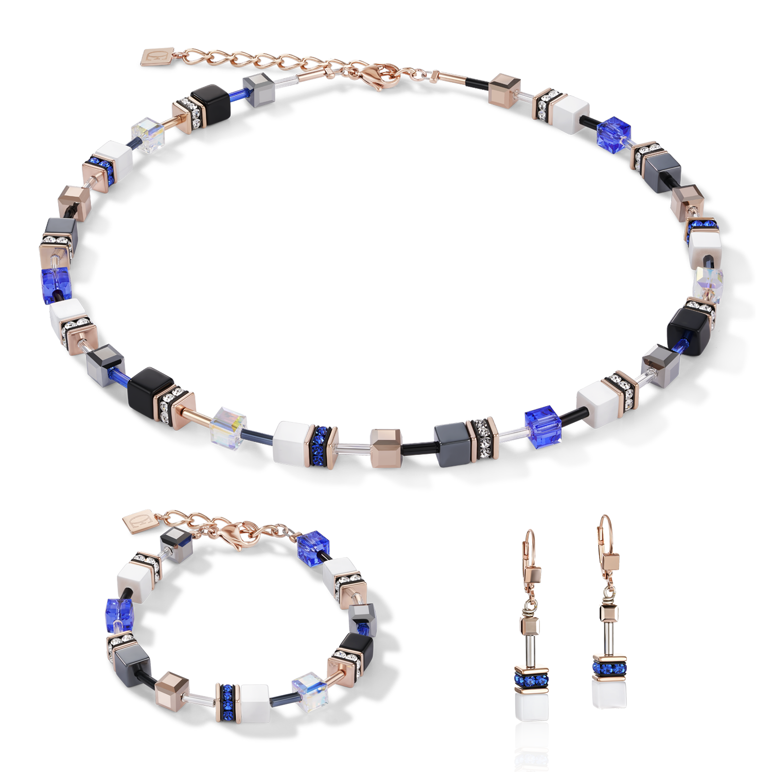 GeoCUBE® Halskette roségold, weiß & blau