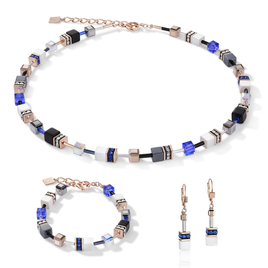 GeoCUBE® Halskette roségold, weiß & blau