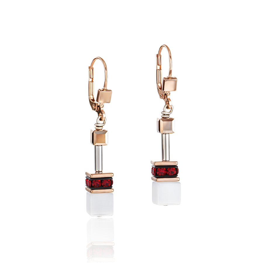 GeoCUBE® Ohrringe roségold weiß & rot