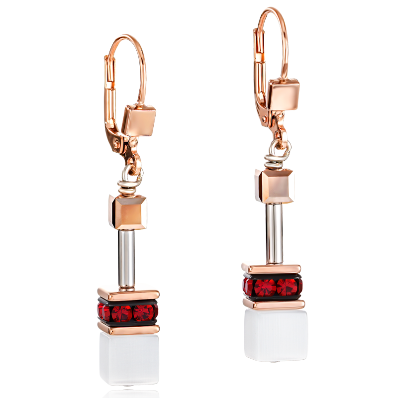 GeoCUBE® Ohrringe roségold weiß & rot