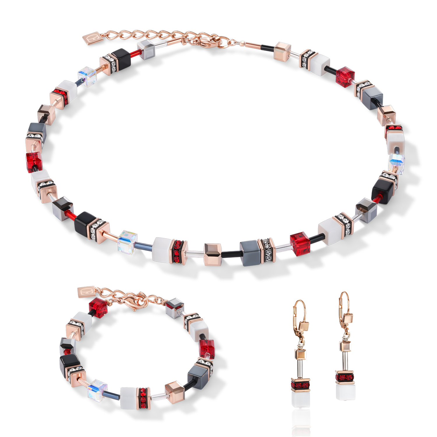 GeoCUBE® Ohrringe roségold weiß & rot