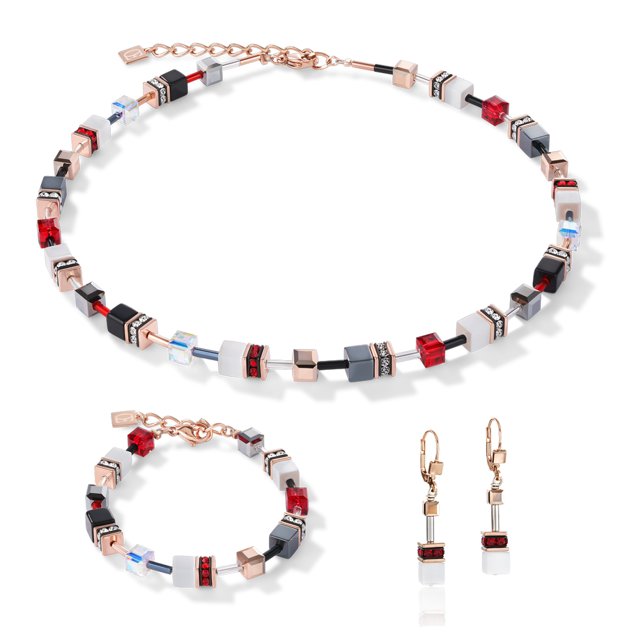 GeoCUBE® Ohrringe roségold weiß & rot