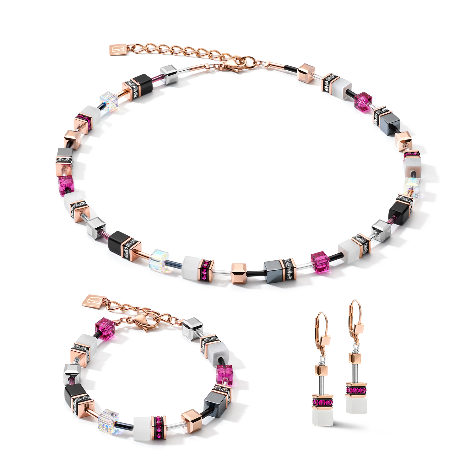GeoCUBE® Ohrringe roségold, weiß & pink