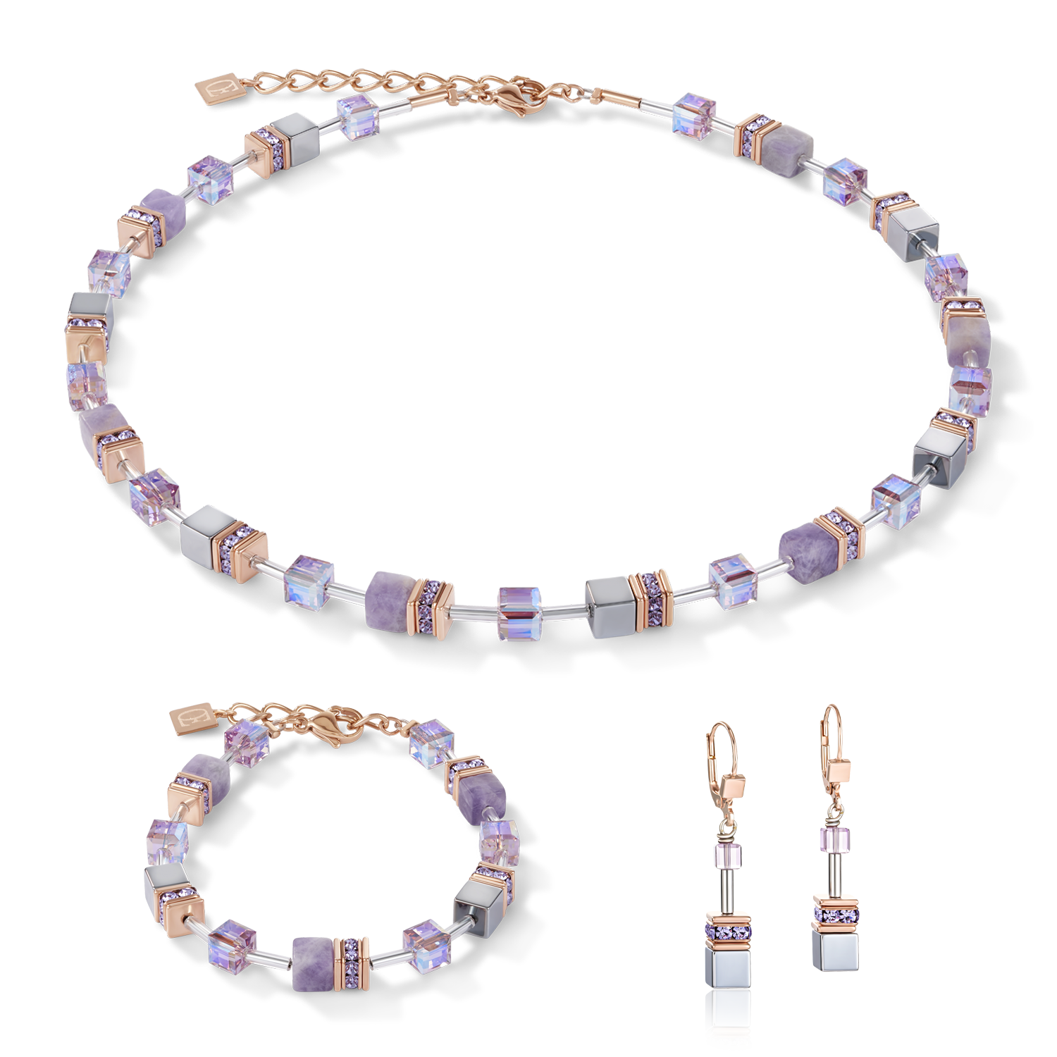 GeoCUBE® Halskette heller Amethyst & Hämatit flieder