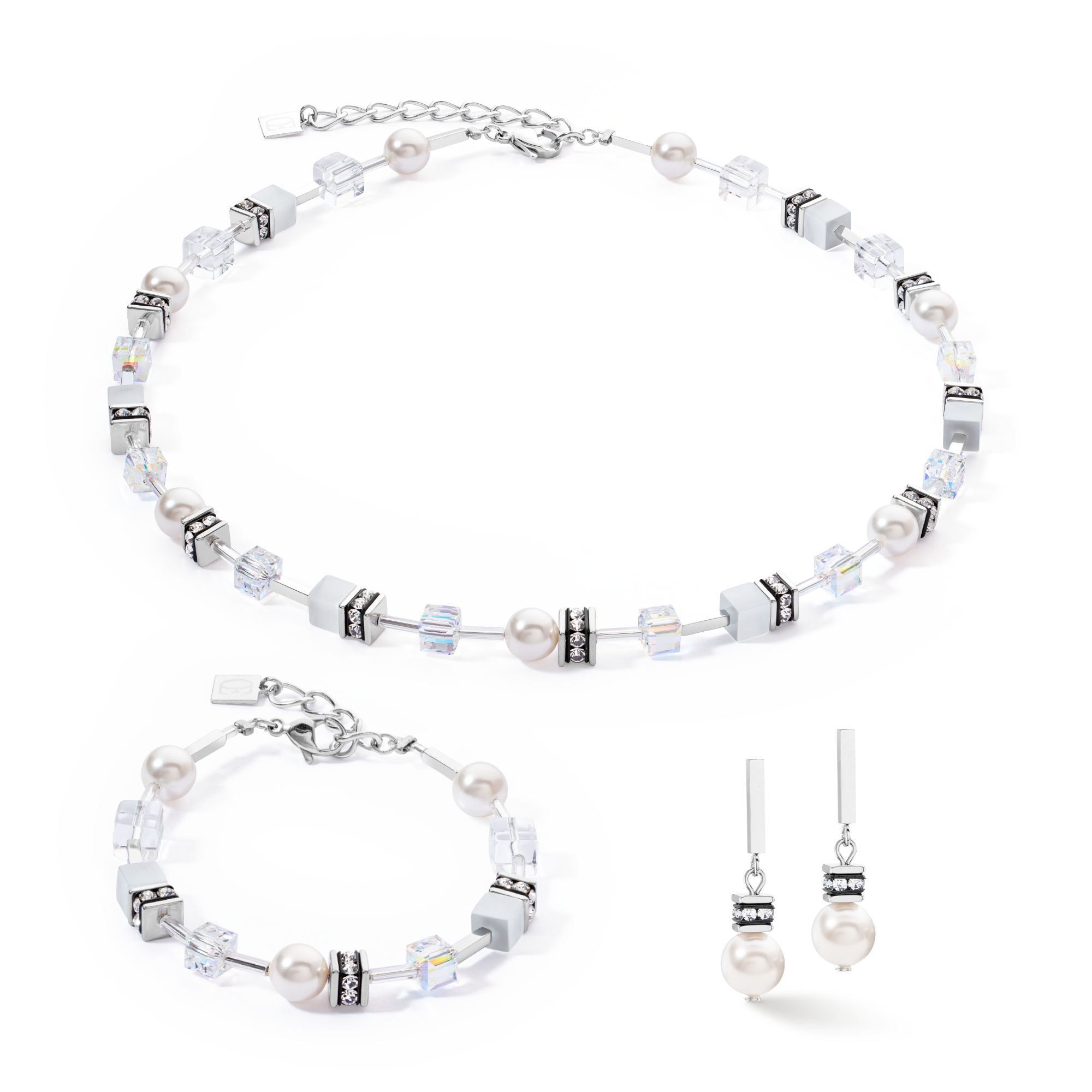 GeoCUBE® Iconic Pearl Mix Halskette Silber-Weiß