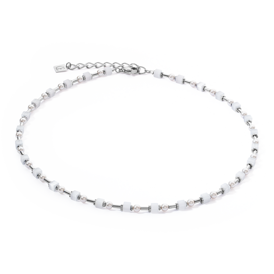 Halskette Mini Cubes & Pearls Mix Silber-Weiß