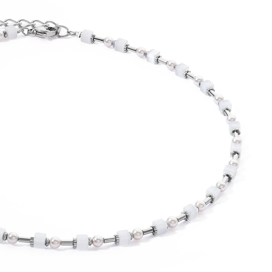 Halskette Mini Cubes & Pearls Mix Silber-Weiß