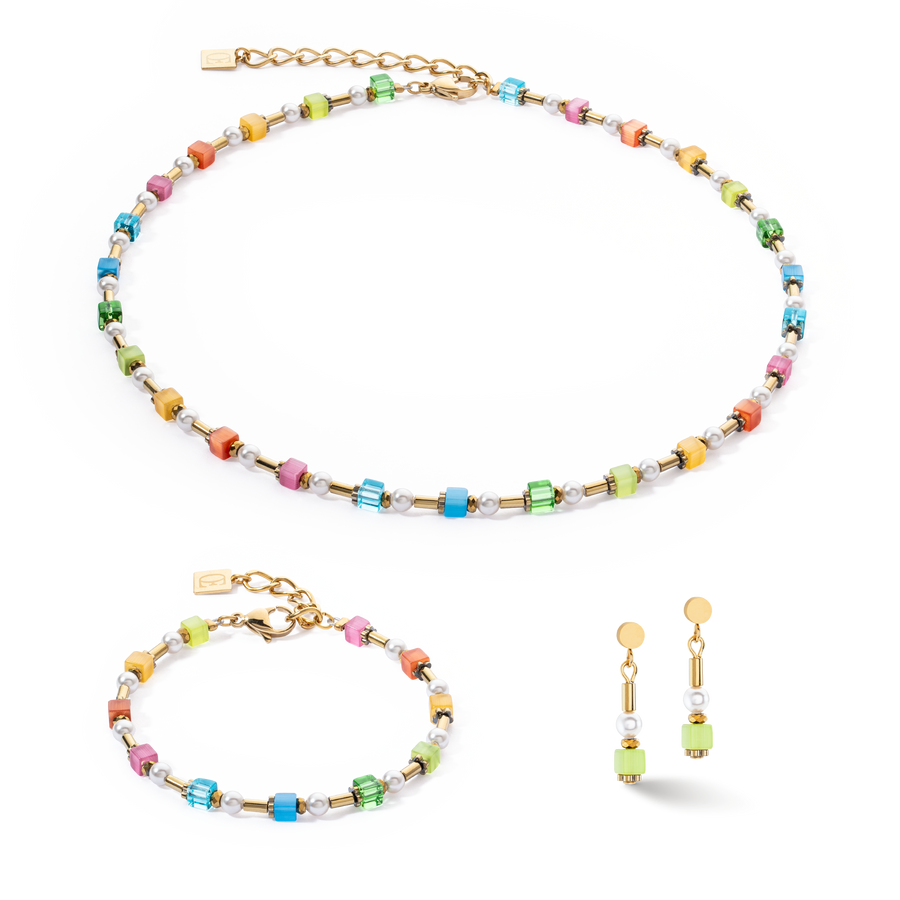 Armband Mini Cubes & Pearls Mix Gold-Rainbow