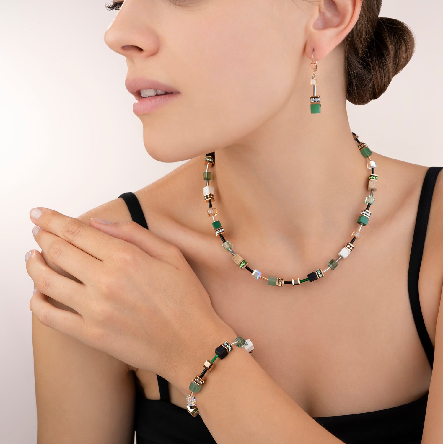 Halskette GeoCUBE® Kristalle & Edelsteine grün-beige