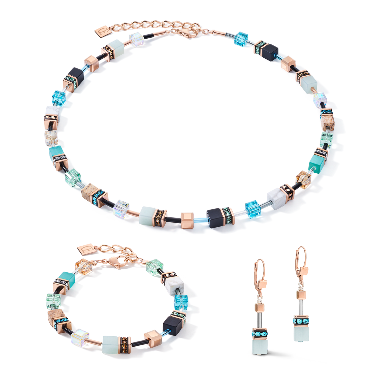 Halskette GeoCUBE® Kristalle & Edelsteine aqua-beige