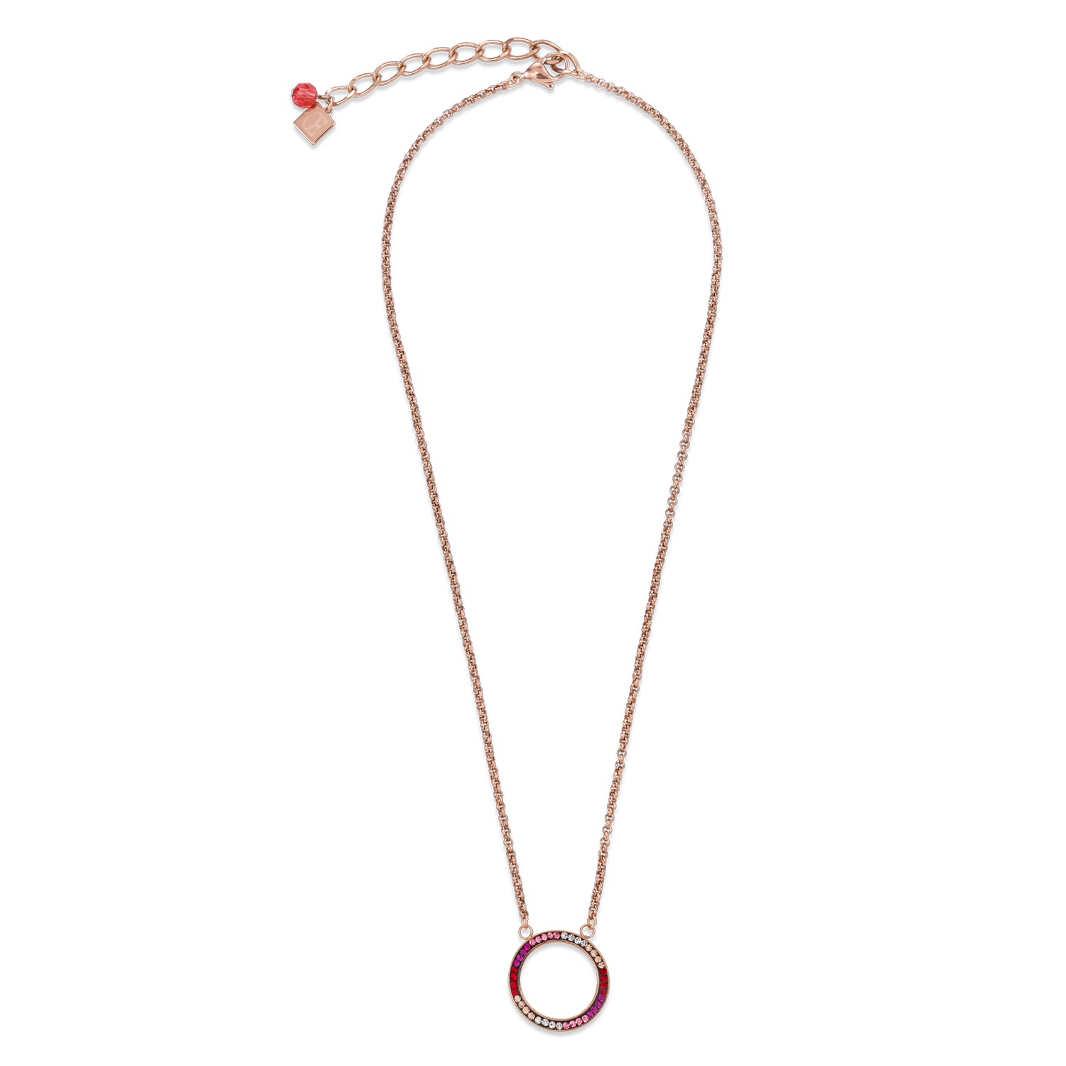 Halskette Ring Kristall Pavé & Edelstahl roségold & rot-rosa