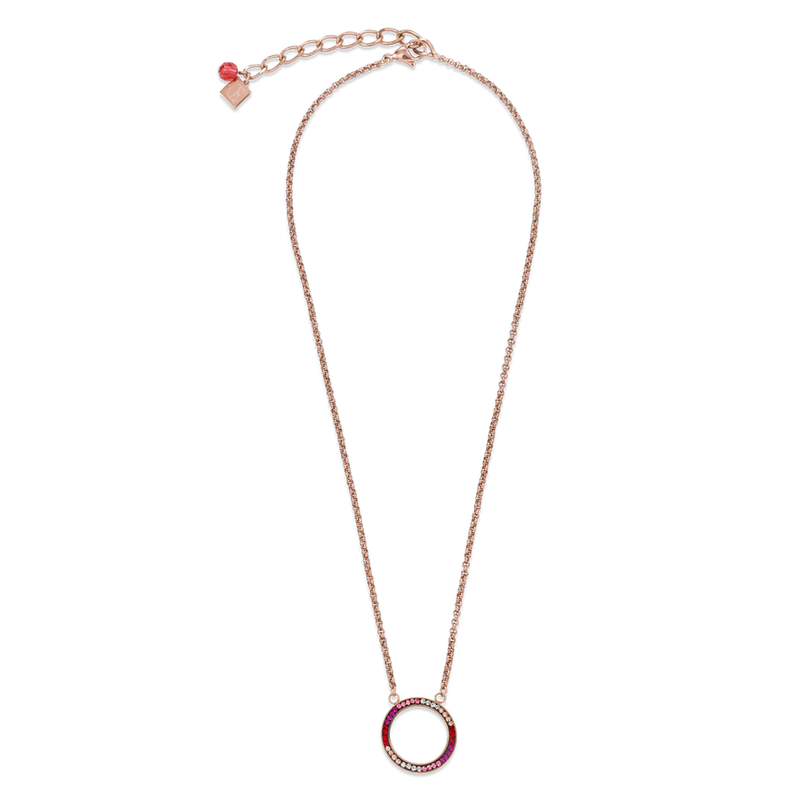 Halskette Ring Kristall Pavé & Edelstahl roségold & rot-rosa
