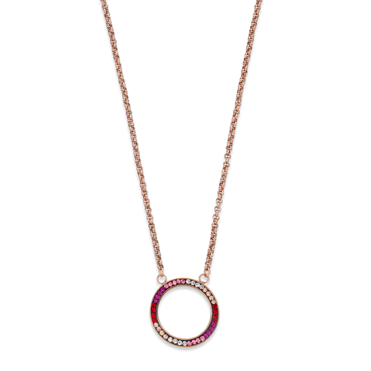 Halskette Ring Kristall Pavé & Edelstahl roségold & rot-rosa