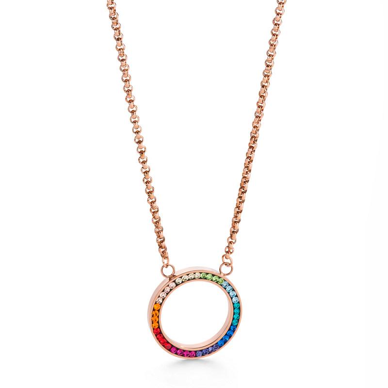 Halskette Ring Kristall Pavé & Edelstahl roségold & multicolor