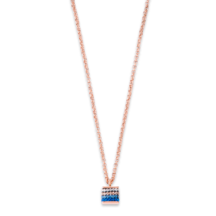 Halskette Cube Kristall Pavé & Edelstahl roségold & blau